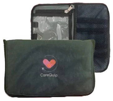 CareQuip travel kit — the branded pouch open, packed with essentials