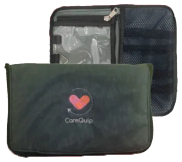 CareQuip travel kit — the branded pouch open, packed with essentials