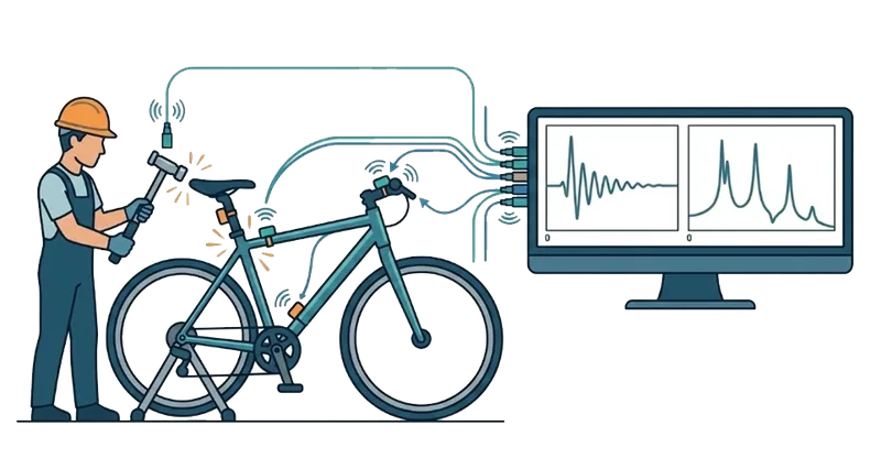 Vibration test setup — impact-hammer modal testing on the ergometer with FFT readout