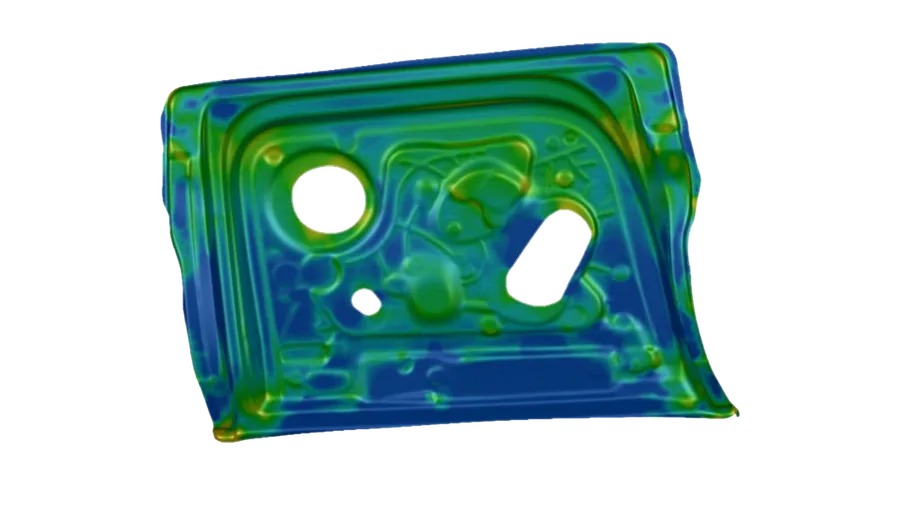 Finite element thinning-contour plot of a hot-stamped EV aluminium door inner, simulated in Autoform