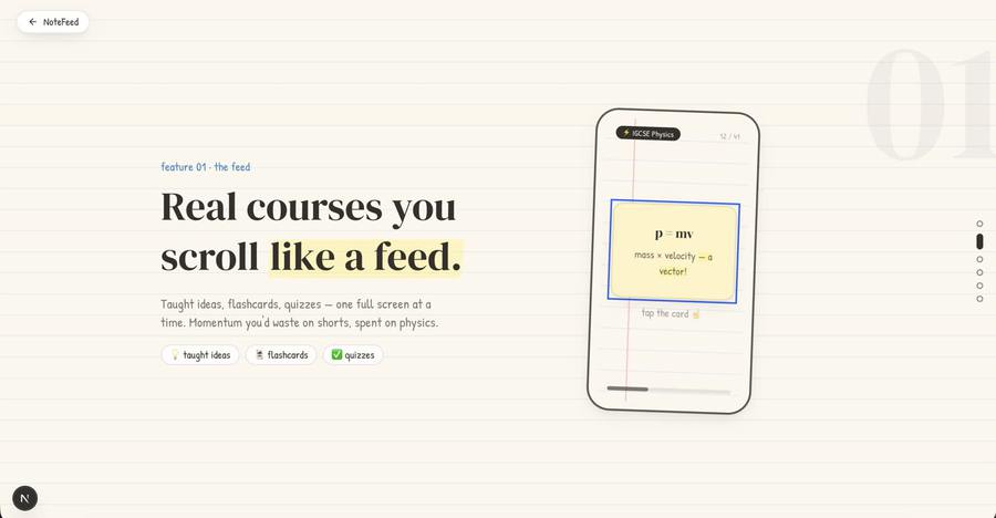 NoteFeed feature — real courses you scroll like a feed