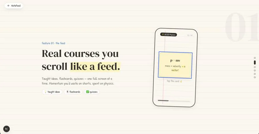 NoteFeed feature — real courses you scroll like a feed