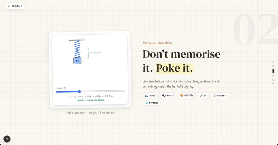 NoteFeed feature — live simulations inside the notes