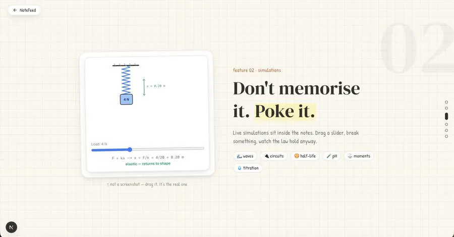 NoteFeed feature — live simulations inside the notes