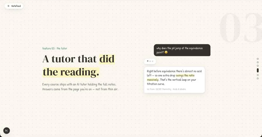NoteFeed feature — an AI tutor that answers from the page you're on