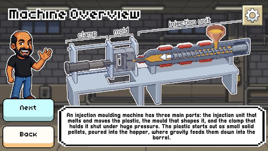 Virtual Manufacturing Lab — the injection moulding machine overview, with clamp, mould and injection unit labelled