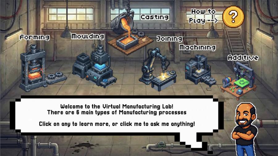 Virtual Manufacturing Lab main menu — the factory floor with the six manufacturing processes labelled